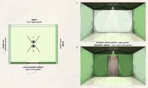 Illustration of an empty green room. The walls are all labeled with the name of a different shade of green.