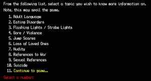 Trigger warning menu provides 10 options for spoiler information based on categories.