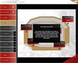 Point & click interface for 49ers Unlocked. It is in red, gold, white, and black and depicts the team's stadium.