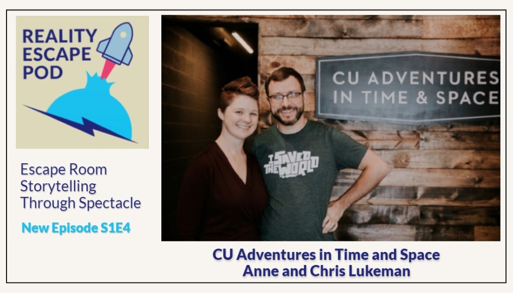 man and woman posing next to a sign that says CU Adventures in Time and Space