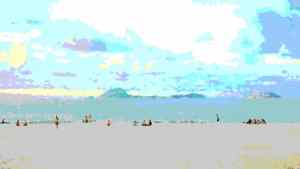 Pixel art of people on a beach.