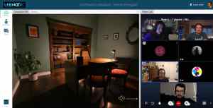 Leenook interface with built-in video chat and 360 photo of an office.
