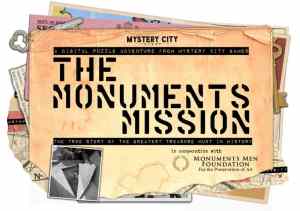 The Monuments Mission logo from Mystery City includes an assortment of documents and keys.