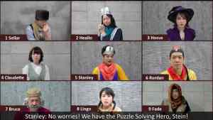 9 Heroes in a video call one is saying, "No worries! We have the Puzzle Solving Hero, Stein!"