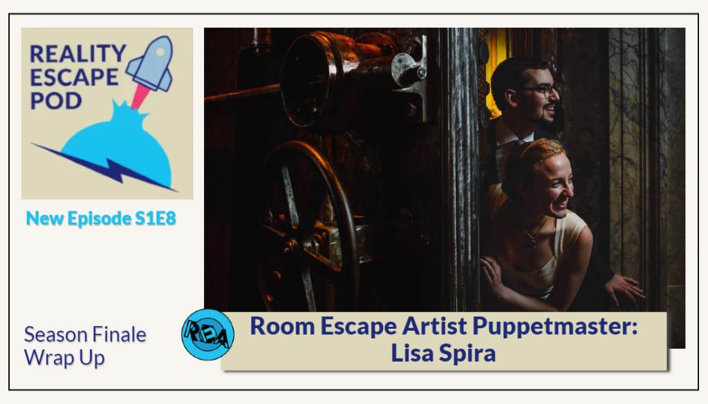 man in glasses and woman with blond hair peek out excitedly from behind a vault door.