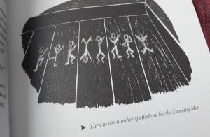 An illustration of some Dancing Men drawings with the text "Turn to the number spelled out by the Dancing Men."