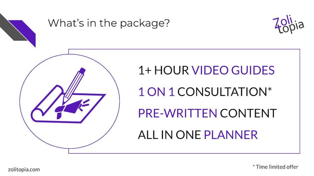 Slide: "What's in the package? 1+ hour video guides, 1 on 1 consultation (limited time offer), pre-written content, all in one planner."