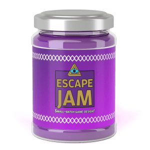 Purple jar of Escape Jam, labeled, "Small-batch game design!"