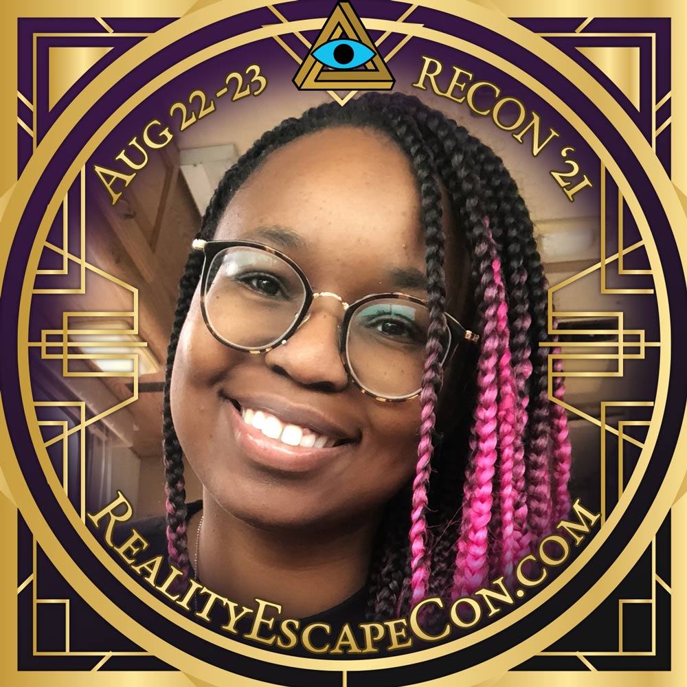 headshot of Karmisha Jawell surrounded by a RECON fram