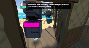 Two players leaving the door of a saloon, the AI saying, "In case you were wondering, there's no way to turn me off. And no way to stop me speaking."