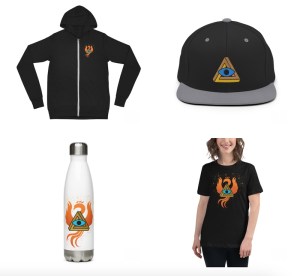Lockup of 4 pieces of RECON swag, a hoodie, a baseball cap, a water bottle, and a t-shirt.
