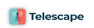 logo for telescape, a tower antenna on a greenish blue and orange square