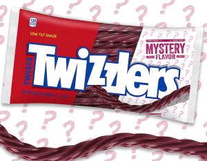 Rendering of Twizzlers Twists Mystery Flavor packaging, and product surrounded by question marks.
