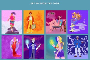 Page reads, "Get to know the gods." 8 illustrations of modern interpretations of the Gods of Olympus are illustrated.