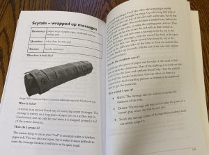 Interior page explaining the concept of a Scytale, or wrapped up messages.