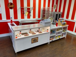 A checkout counter in a candy shop.