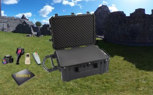 A pelican case open with a camera, an IR detector, an audio recorder, a strange device, and a file labeled "evidence."