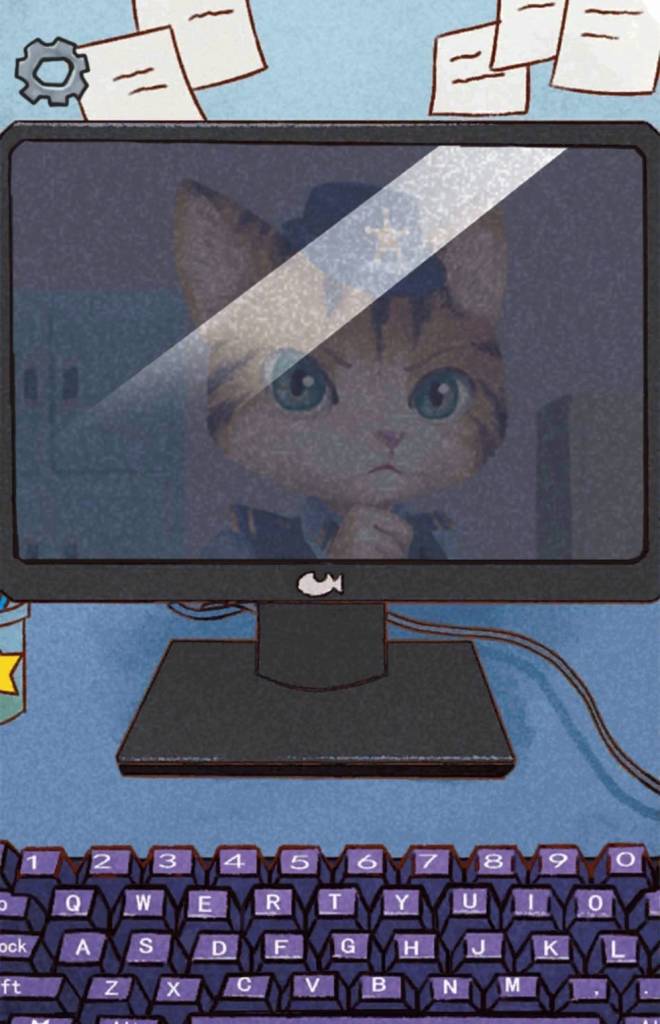 A cap police officer looking at her reflection in her computer monitor.