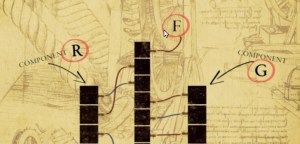 An illustration of a puzzle involving letters plugging into one another.