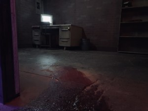 A streak of blood on the floor entering into a dark room with a computer desk.