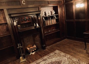 In-room: a bookshelf and fireplace in a study.