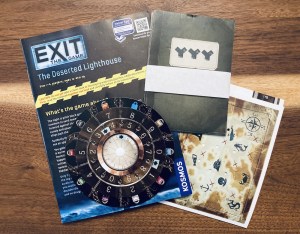 Assorted game components including a sea map, a solution wheel, and instructions.
