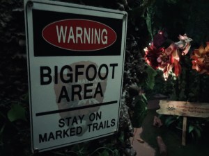 Warning sign reads, "Bigfoot area - stay on marked trails."