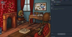 An illustrated study beside a code editor.