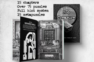 Mob Treasure book cover and open book displaying a puzzle.