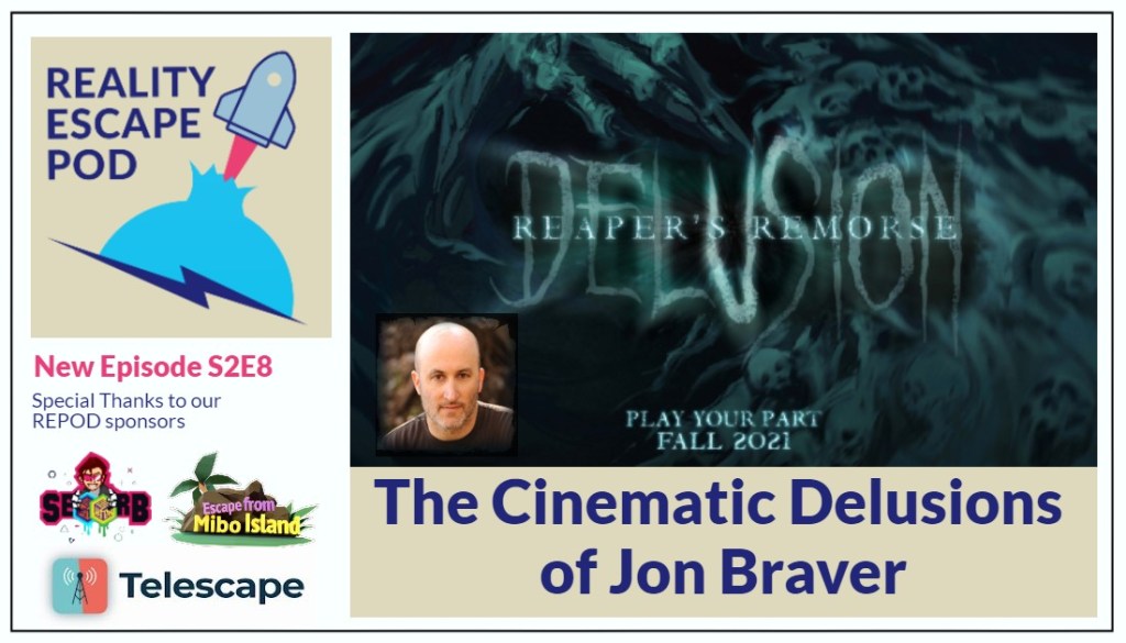 A dark background with ghostly images of skulls and a photo of a bald man with stubble wearing a grey brown tshirt