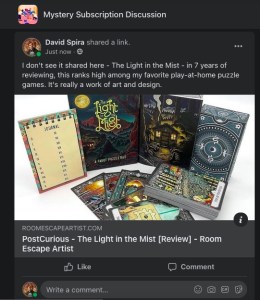 David's post to the Mystery Subscription Discussion group recommending The Light in the Mist.