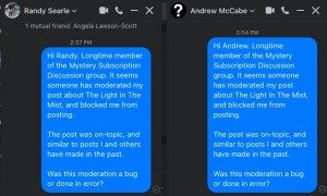 David's message to the moderator and admin requesting clarification on his temporary banning.