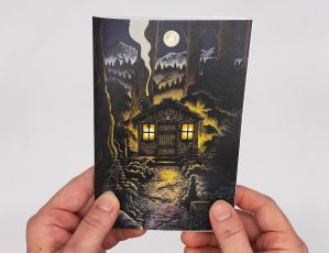 Booklet cover art depicts a spooky cabin in the woods at night, under a full moon.