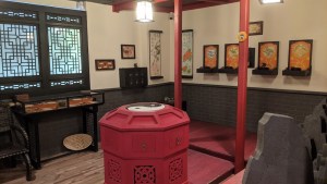 A dojo-like environment, with a strong east-Asian aesthetic.