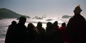 Final scene of the Goonies, the gang watches as a ship sails off in the distance.