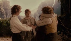 Final scene of the Lord of the Rings, the 4 hobbits that started the journey are celebrating.