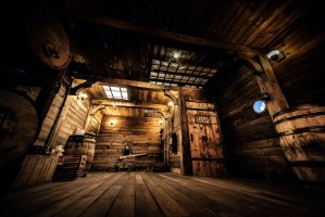 View of a brig and a cannon on a wooden pirate ship.