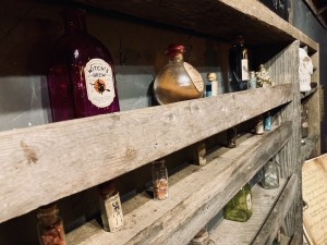 A collection of glass bottles with magic ingredients, one is labeled, "Witch's Brew."