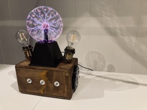The Tesla Box has 2 light bulbs, a glowing electron ball, and a few switches.