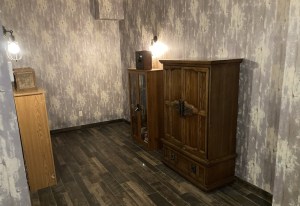 An old dresser and two bookcases in a worn-looking, empty room.