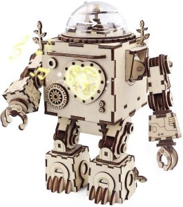 A wooden robot with a glowing heart.