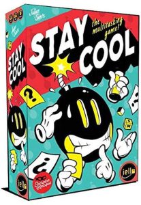 Stay cool box, depicts an anthropomorphized bomb in distress.