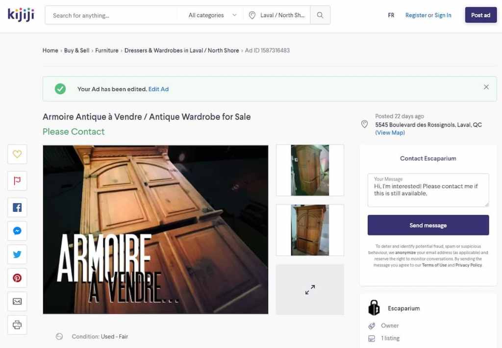 Screenshot of a kijiji post for a used wardrobe for sale.
