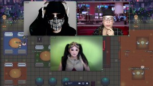 Cara, Peih-Gee, and David in costume on video chat in Gather.