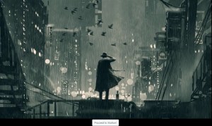 Illustration of a trench coat and fedora clad person in the rain. It looks like futuristic noir.