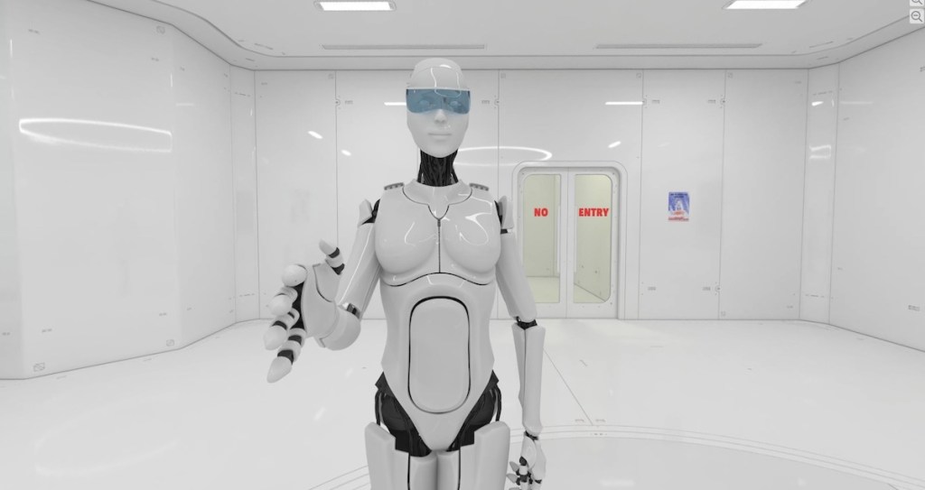 A sleek, white, humanoid robot reaching out with its hand.