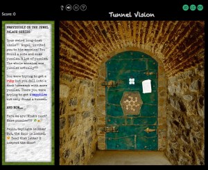 A photo of an old tunnel with a blue door at the end, a puzzle mounted on it. The image is labeled, "Tunnel Vision."