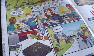 A series of comic panels depicting some kids at a yard sale, where one boy purchases a board game called The Key.