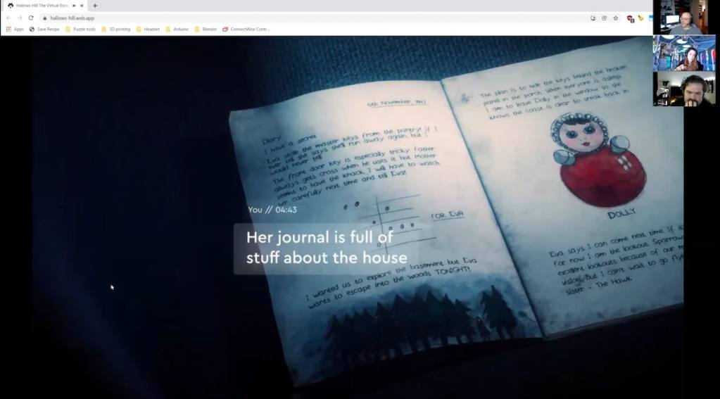 A journal with writing and drawings. Text above it reads, "Her journal is full of stuff about the house."