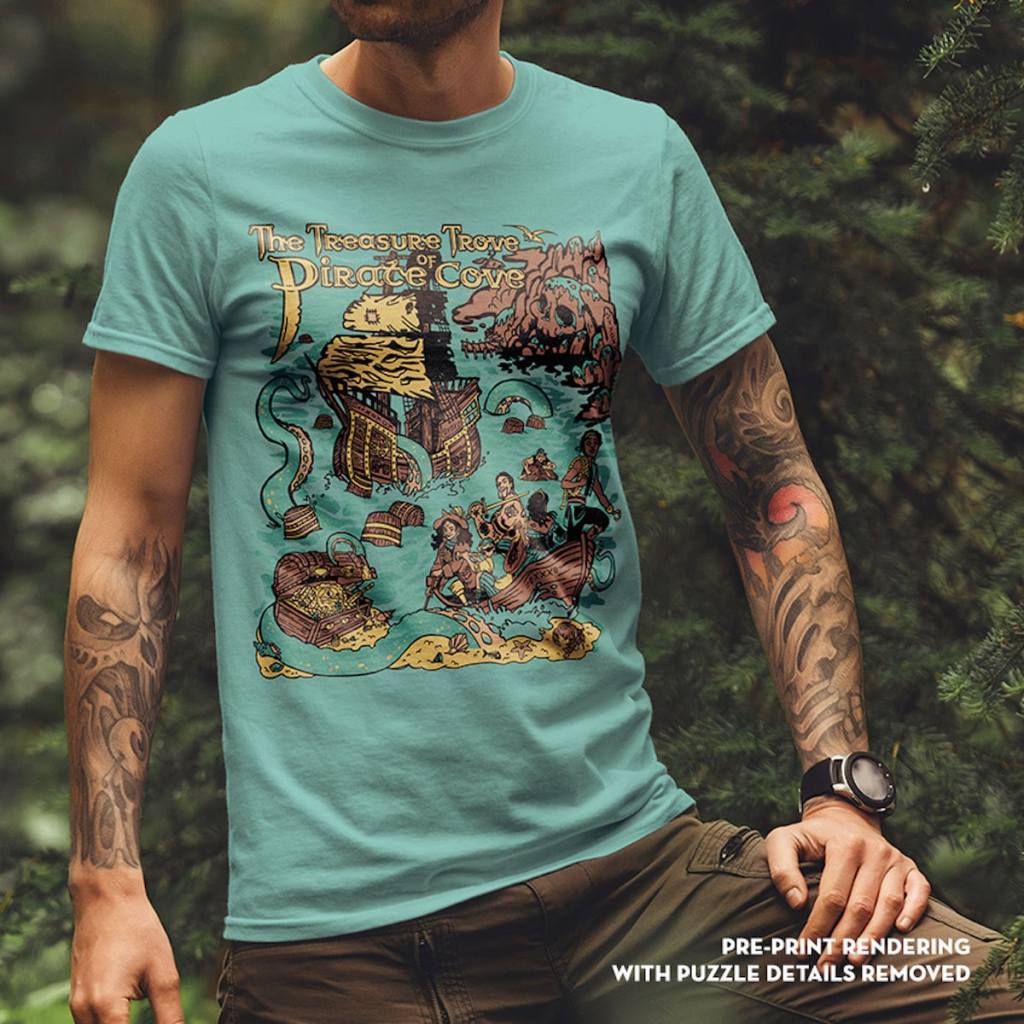 A man wearing the turquoise Pirate Cove t-shirt.